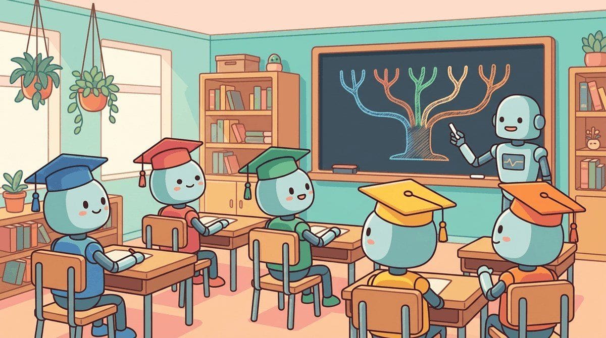 Five robot students seated at desks wearing differently-colored graduation caps