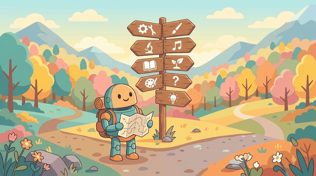 A friendly robot hiker standing at a forest trailhead with eight wooden signpost