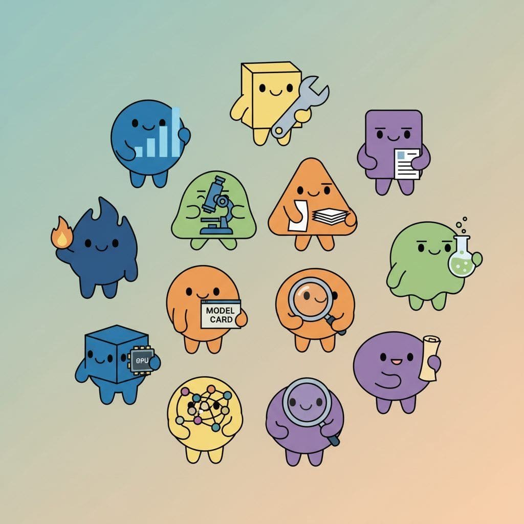 Appendix opener illustration: a circle of cartoon-style AI agent avatars, each holding a tool that hints at their specialty (a microscope, a stack of papers, a tiny model card, a clock, a beaker).