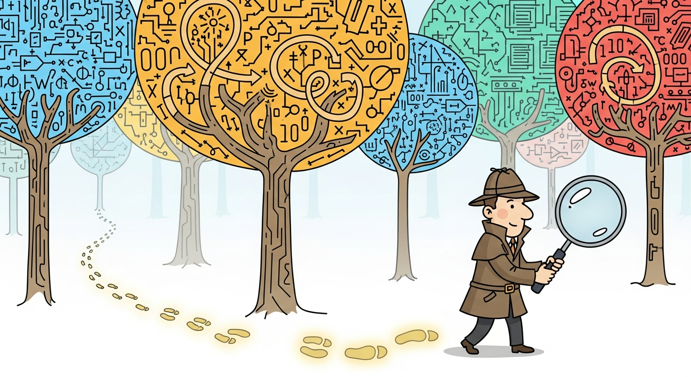 A friendly cartoon detective with a magnifying glass tracing glowing footprints backward through a colorful forest of mathematical computation trees, illustrating reverse-mode automatic differentiation walking the computational graph