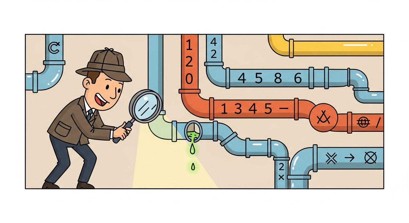 A cheerful cartoon detective with a magnifying glass exploring a colorful maze of pipes and ducts, spotlighting a tiny green glowing drip of liquid leaking from one junction, with numbers and symbols floating along other pipes, illustrating NaN and OOM hunting