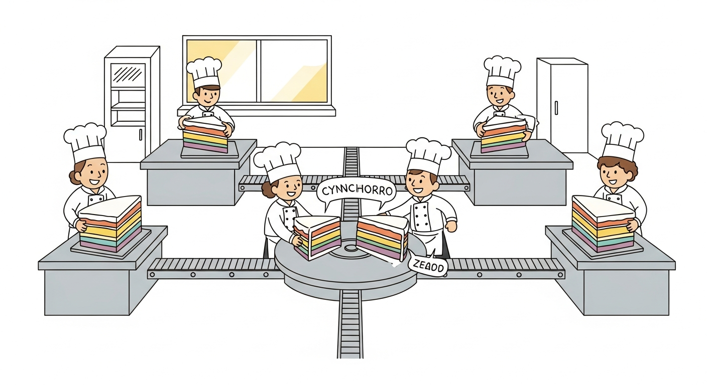 A team of four friendly cartoon chefs in a sunny kitchen, each preparing one piece of a giant rainbow layer cake at their own station, with conveyor lines synchronizing the pieces at a central turntable, illustrating gradient synchronization across distributed workers