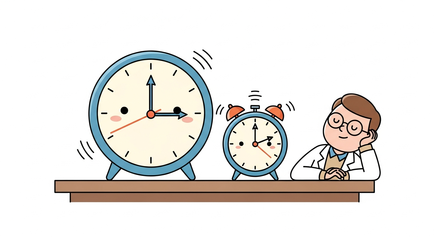 Two friendly anthropomorphic clocks of different sizes side by side in a sunny cartoon workshop, ticking at different speeds with motion lines, while a relaxed scientist watches contentedly representing how fp32 and bf16 coexist in the same training step