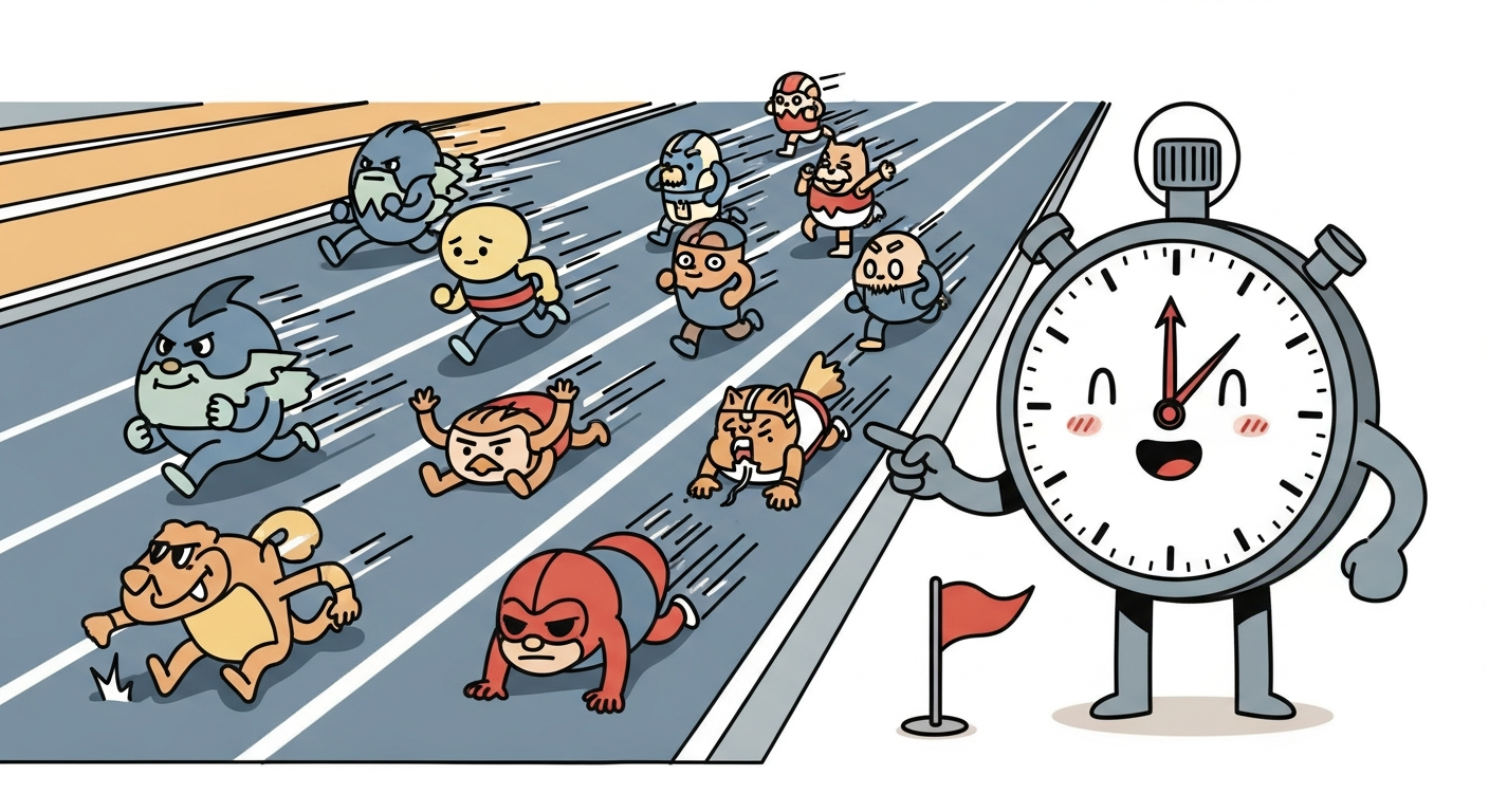 A friendly anthropomorphic stopwatch character standing beside a colorful racetrack with several lanes, each lane has a mascot runner moving at different speeds, with the stopwatch pointing a little flag at the slow lane, illustrating profiler-driven bottleneck identification