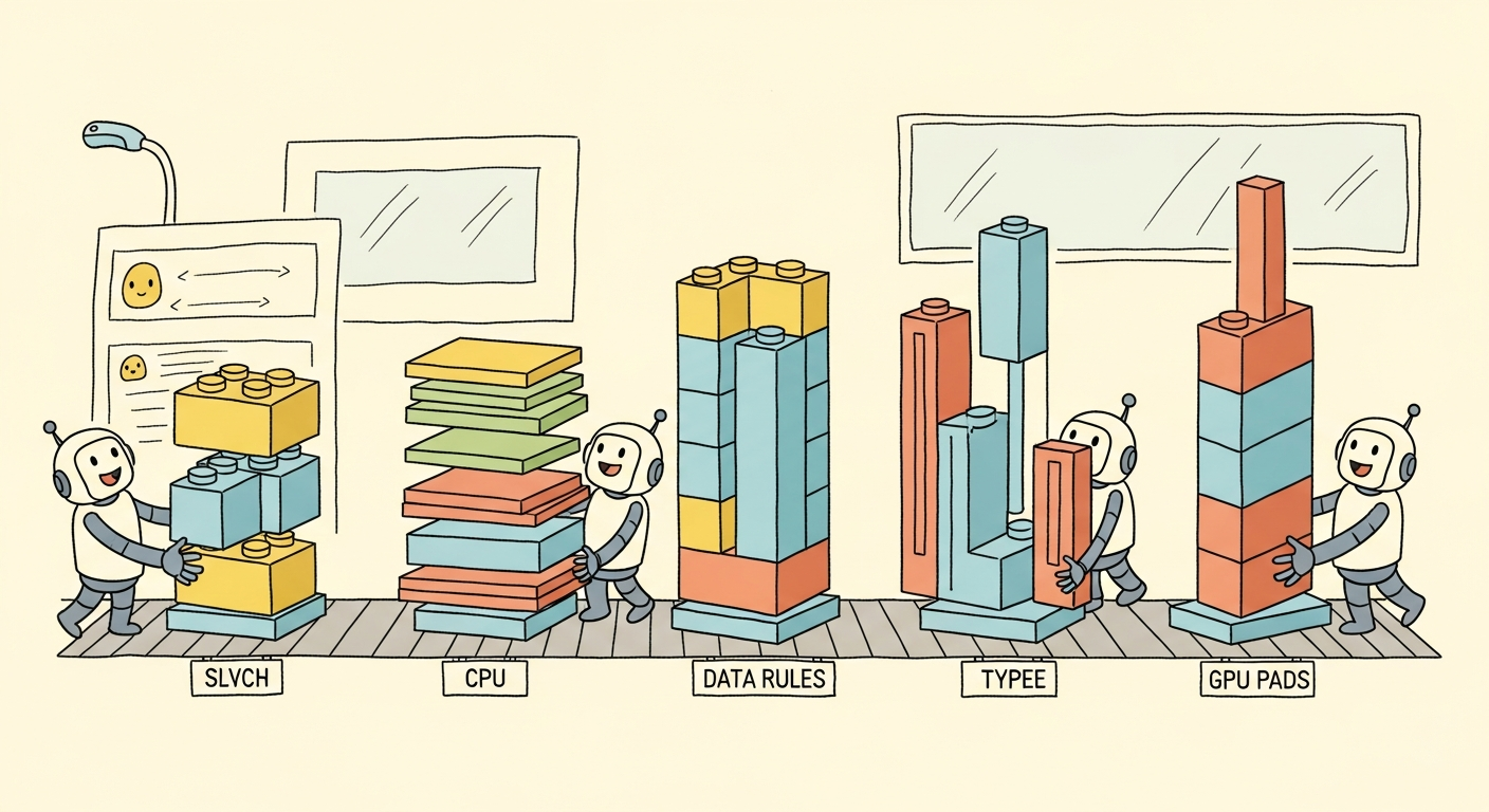 A friendly cartoon assembly line in a warm workshop where colorful Lego-like blocks of different shapes are arranged into multi-dimensional structures, with cheerful robot workers carrying blocks under their own building rules of shape, color, and pedestal