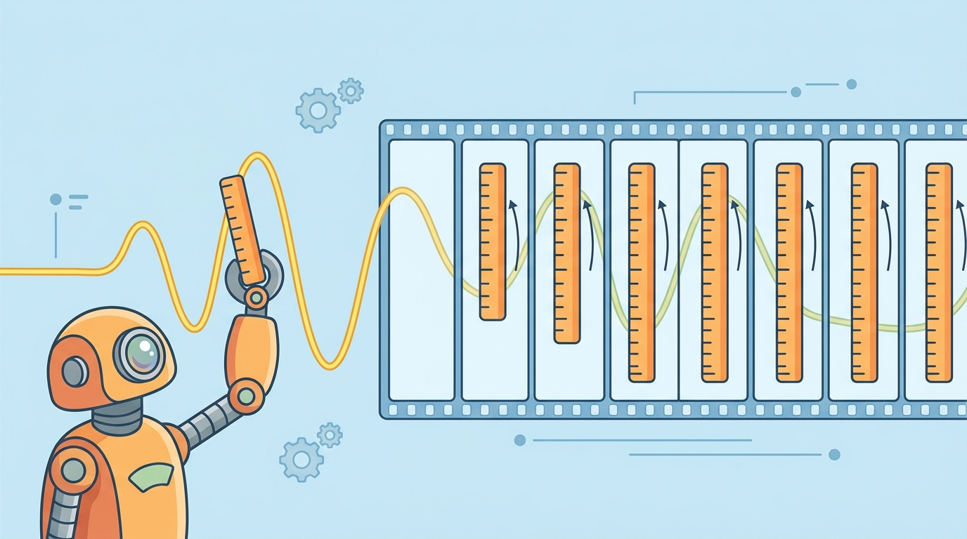 A friendly cartoon scene showing a smooth flowing yellow sound wave on the left being chopped into a sequence of evenly spaced measuring sticks like film frames, illustrating how a continuous-time acoustic signal becomes a discrete sample sequence.