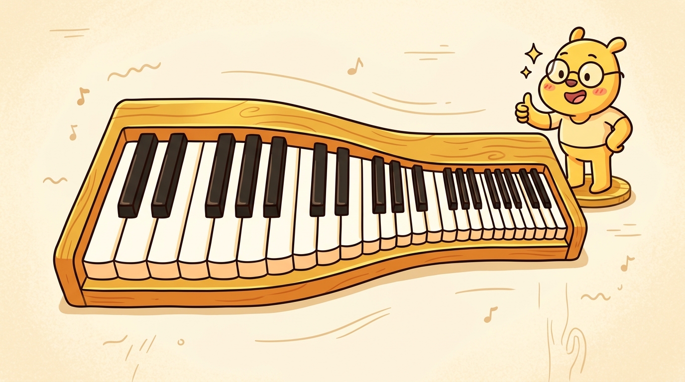 A friendly cartoon piano keyboard that is stretched wide on the left side so the low bass notes are fat and spacious, and compressed narrow on the right side so the high treble keys are tiny and crowded, illustrating how the mel scale gives more resolution to low frequencies where human hearing is more discriminating.
