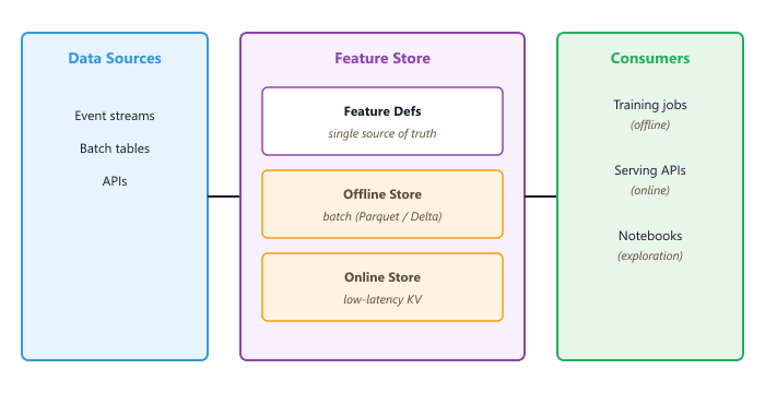 Feature store architecture: data sources, feature store, consumers
