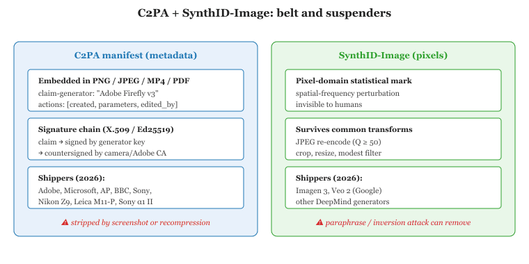 Image and video provenance ships in two complementary layers.