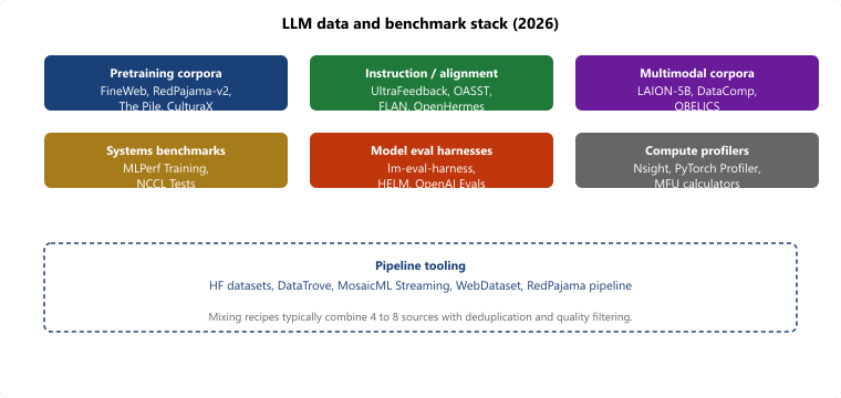 LLM data and benchmark stack as of 2026 covering pretraining corpora, instruction and preference datasets, evaluation suites, and metadata or hub services with representative providers per lane