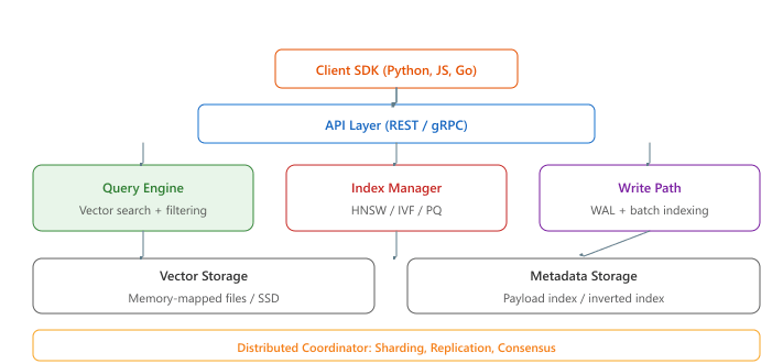 Vector database architecture: client SDK calls the REST or gRPC API layer, which routes to the query engine (vector search plus filtering), index manager (HNSW, IVF, PQ), and write path (WAL plus batch indexing), all backed by a shared storage layer.