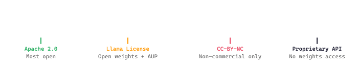 Model license openness spectrum from most open to most restricted: Apache 2.0 (fully permissive), Llama Community License (open weights with acceptable-use policy), CC-BY-NC (non-commercial only), and Proprietary API (no weights access).