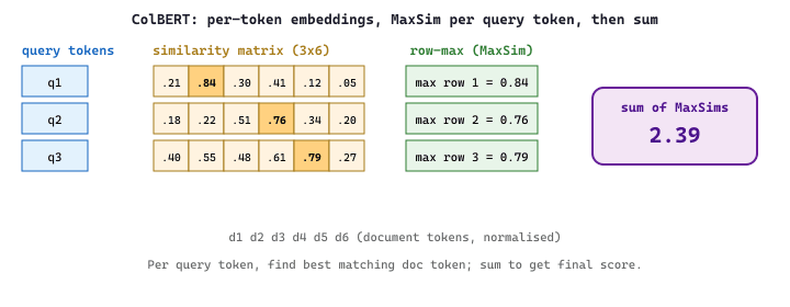 ColBERT: per-token embeddings, MaxSim per query token, then sum