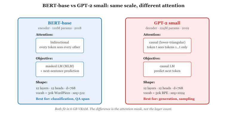 BERT-base and GPT-2 small are nearly identical in scale (12 layers, 12 heads, 768 hidden dim) but use opposite attention masks.
