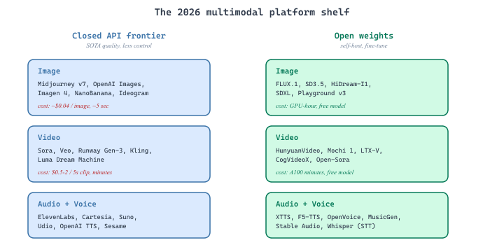 Grid of multimodal platforms organized by modality (image, video, audio) and access pattern (closed API frontier vs open weights), with latency and billing notes