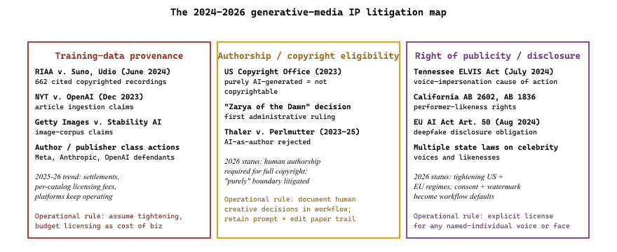 The three live fronts of 2024-2026 generative-media IP litigation: training-data provenance (RIAA v.