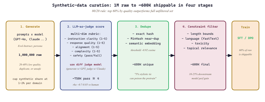 Synthetic-data curation pipeline: generate, score, dedup, filter