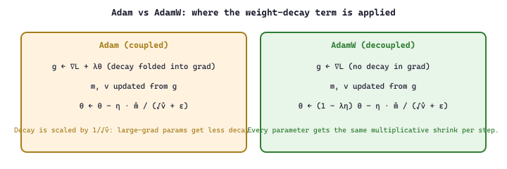 Adam vs AdamW: where the weight-decay term is applied