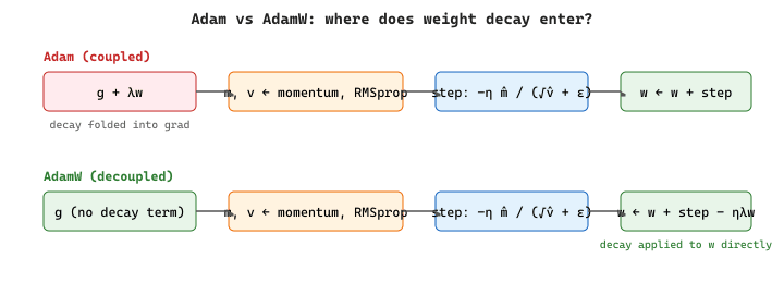 Adam vs AdamW update flow: Adam folds weight decay into the gradient before the adaptive scaling; AdamW applies it directly to the parameters after the adaptive step.