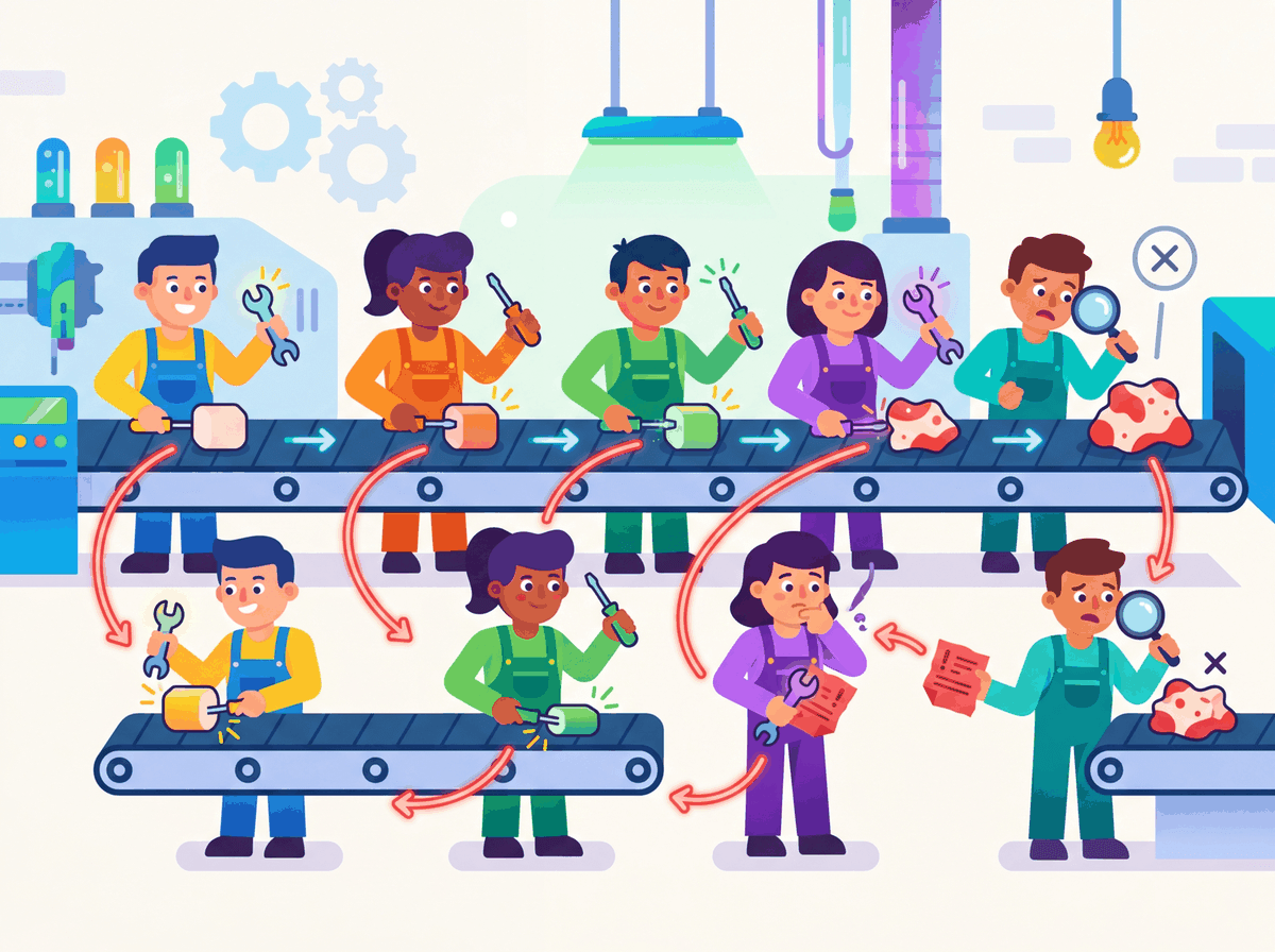 Factory workers on an assembly line passing blame notes backwards when a defective product reaches the end, each adjusting their tools based on the feedback they receive