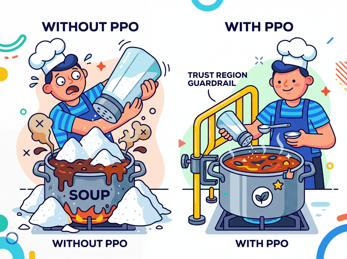 A chef carefully adding tiny measured amounts of seasoning to soup with a clamp preventing over-pouring, contrasted with a ruined over-salted pot