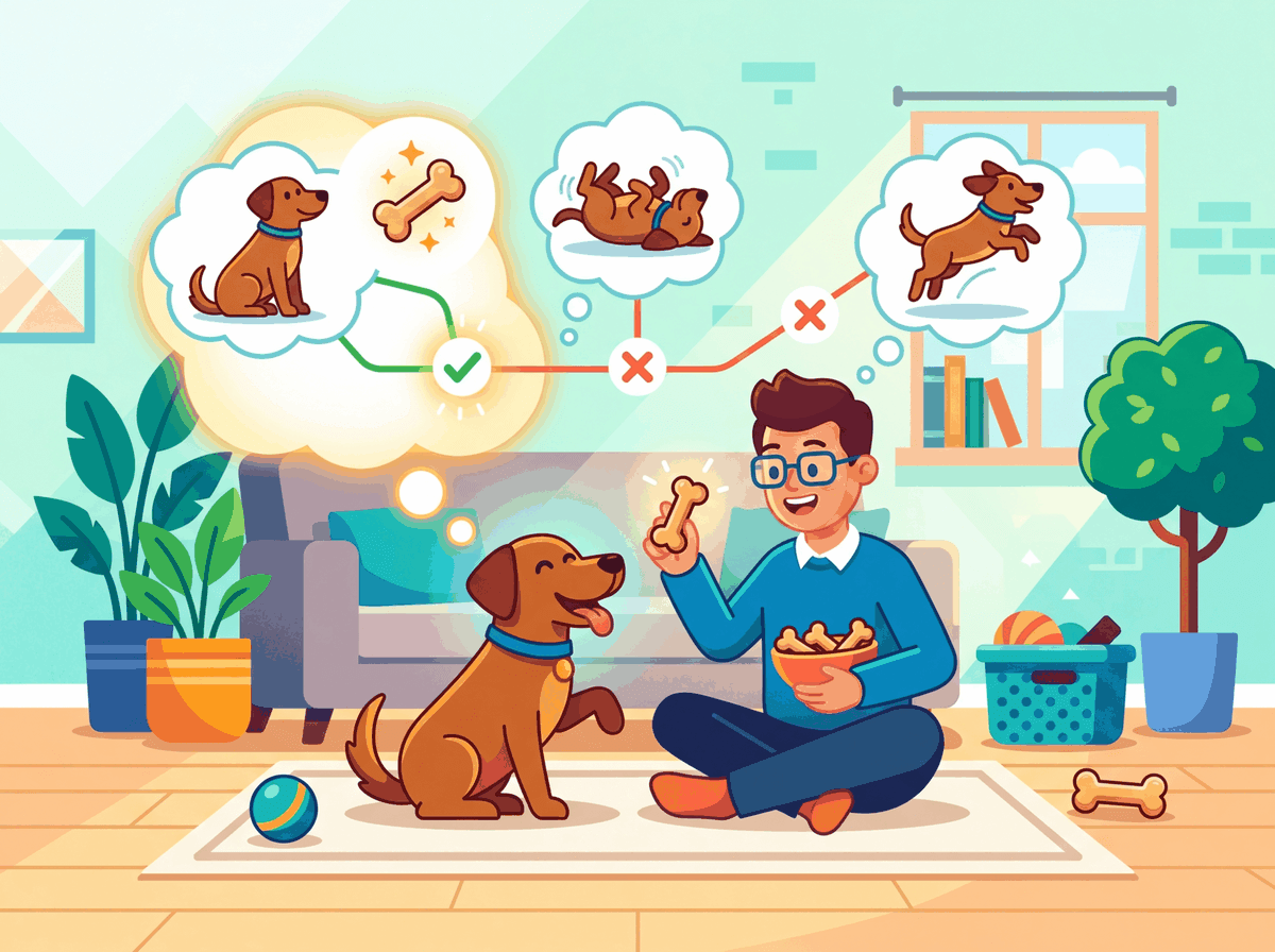A cartoon dog trying different tricks while a friendly trainer rewards the correct behavior with treats, illustrating the agent-environment-reward loop