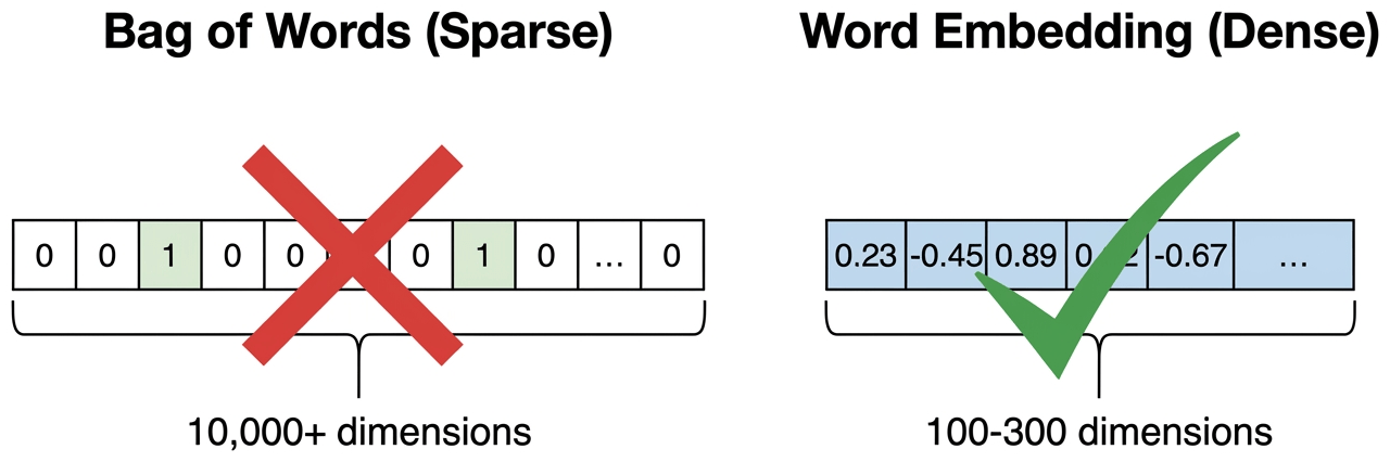 Side-by-side comparison of Bag-of-Words sparse vectors (high-dimensional, mostly zeros) versus dense word embeddings (compact vectors where similar words cluster together)