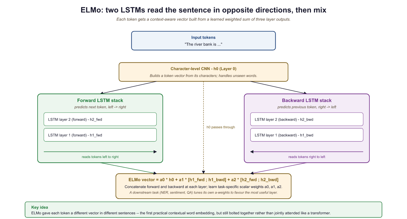 ELMo computation graph: tokens through character embeddings and bidirectional LSTMs