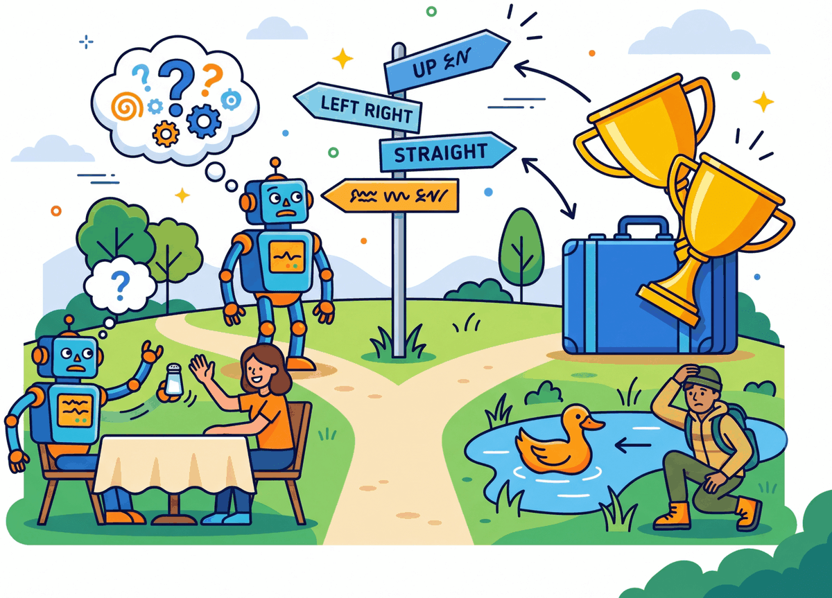 A confused robot facing ambiguous signs, a duck and a ducking person, a trophy that does not fit a suitcase, and a salt shaker being passed, all representing why language is difficult for machines