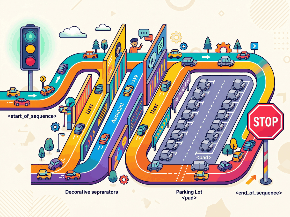 Special tokens acting as traffic signals directing the flow of text through a language model