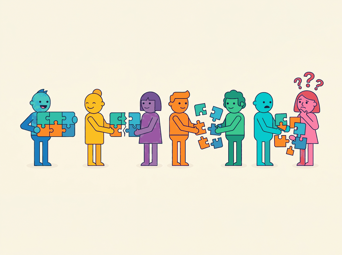 A broken telephone game where a message gets distorted as puzzle pieces are split incorrectly at each handoff, leaving the final recipient confused