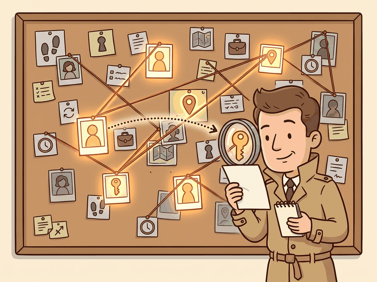 A detective board with strings connecting clues on one side to conclusions on the other, representing how attention weights create soft alignments between source and target tokens