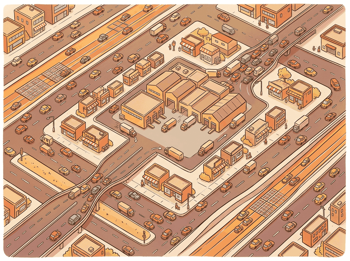 An aerial view of a city representing GPU memory hierarchy, with fast SRAM neighborhoods near the center and slower HBM districts on the outskirts, connected by data highways of varying widths