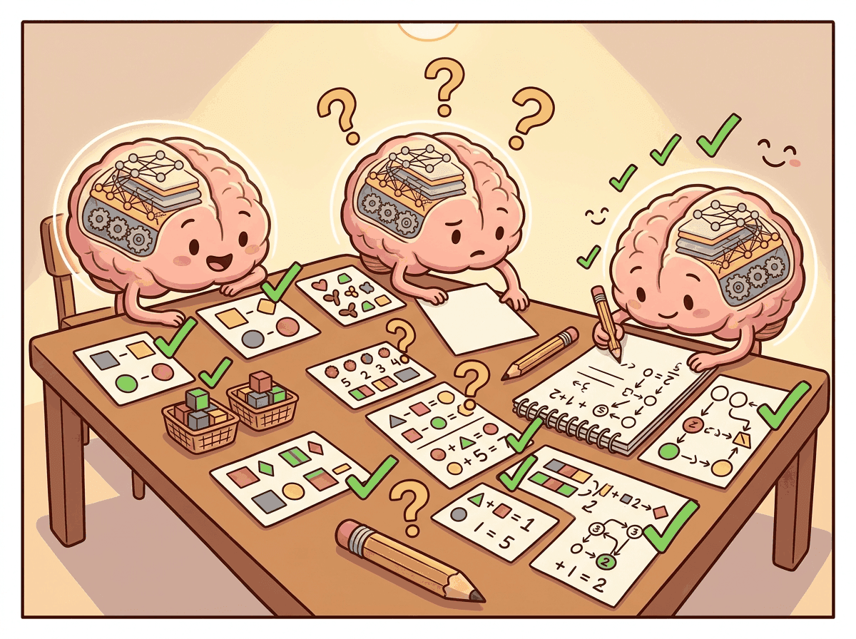 Cartoon brains with circuit-board patterns working on various puzzles and pattern-matching tasks, some succeeding and some struggling, representing the computational expressiveness limits of Transformers