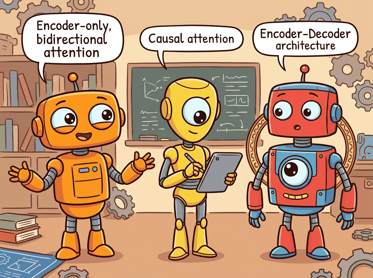 Three friendly robots representing the three Transformer architectural families: an encoder-only robot, a decoder-only robot, and an encoder-decoder robot, each with distinct visual characteristics