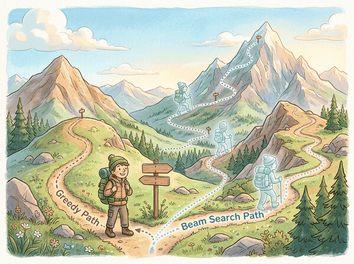 A hiker at a mountain trail fork, with one path labeled Greedy (steep but direct) and another labeled Beam Search (exploring multiple routes in parallel to find the best summit)