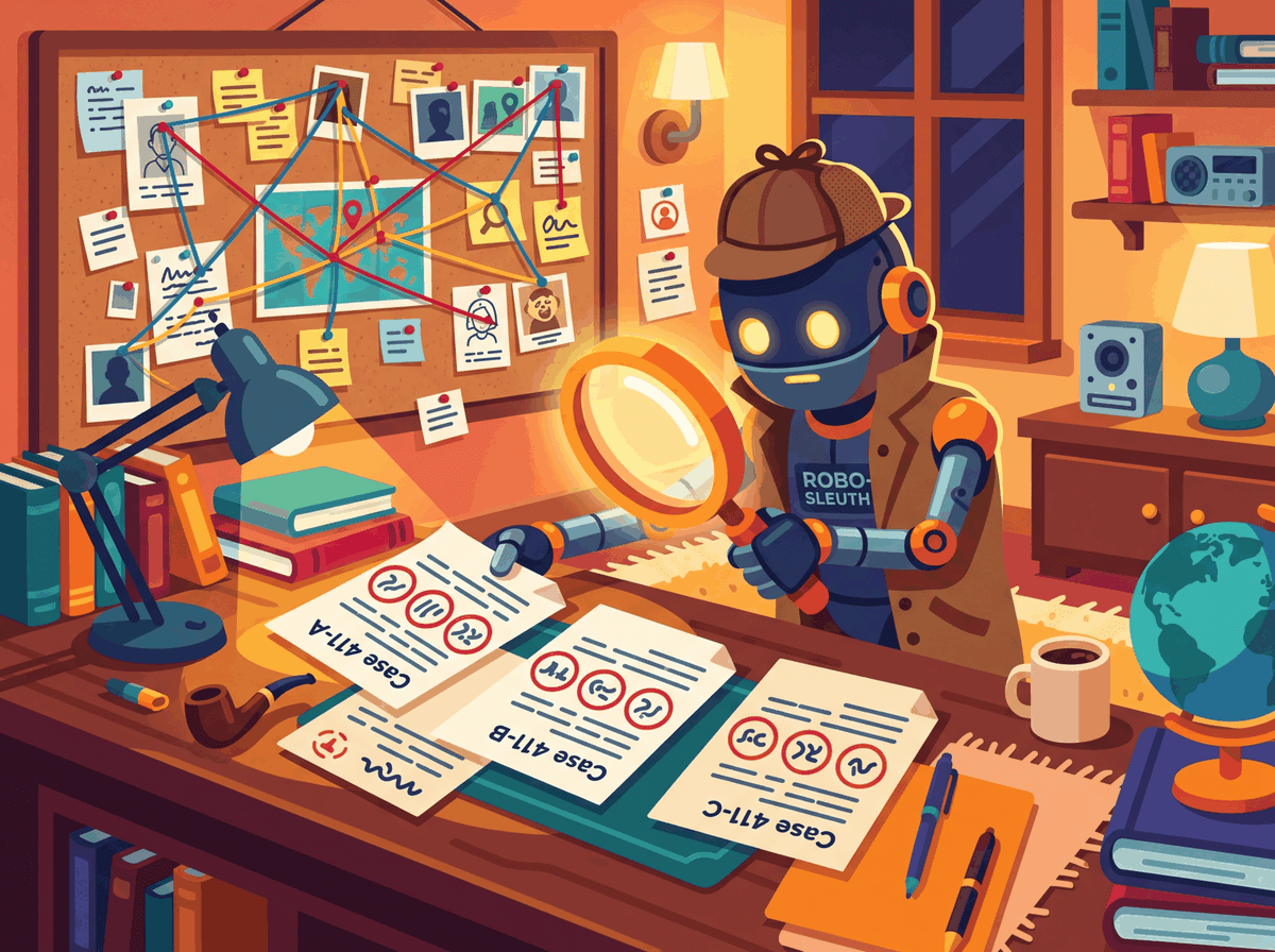 A cartoon detective with a magnifying glass cross-checking statements against a stack of reference sources, illustrating fact-verification grounded in authoritative literature
