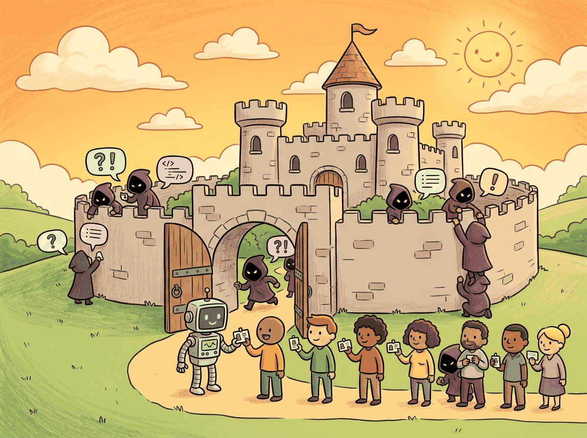 A cartoon castle under siege, with small hooded figures representing prompt injection attacks sneaking past the gates while a robot guard checks badges at the entrance. Some attackers disguise themselves as normal messages to bypass security layers.
