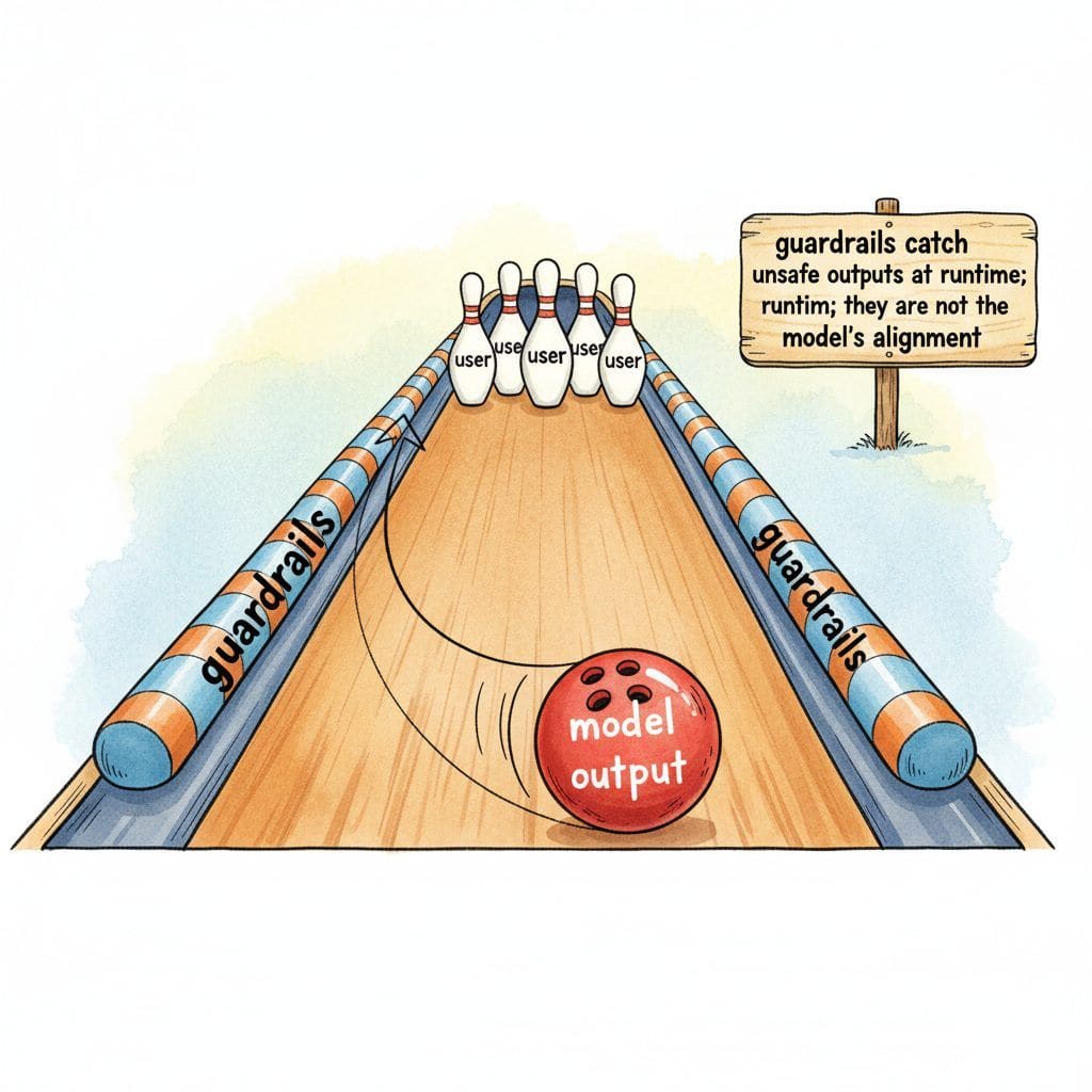 Bowling-lane bumpers labeled 'guardrails' flank a ball labeled 'model output' rolling toward pins labeled 'user'; a wild throw is deflected.