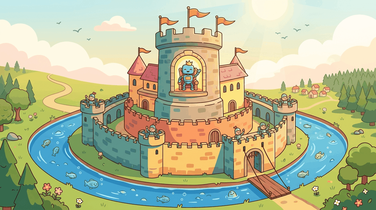 A friendly cartoon medieval castle with multiple concentric defense layers protecting a robot king inside the central keep.