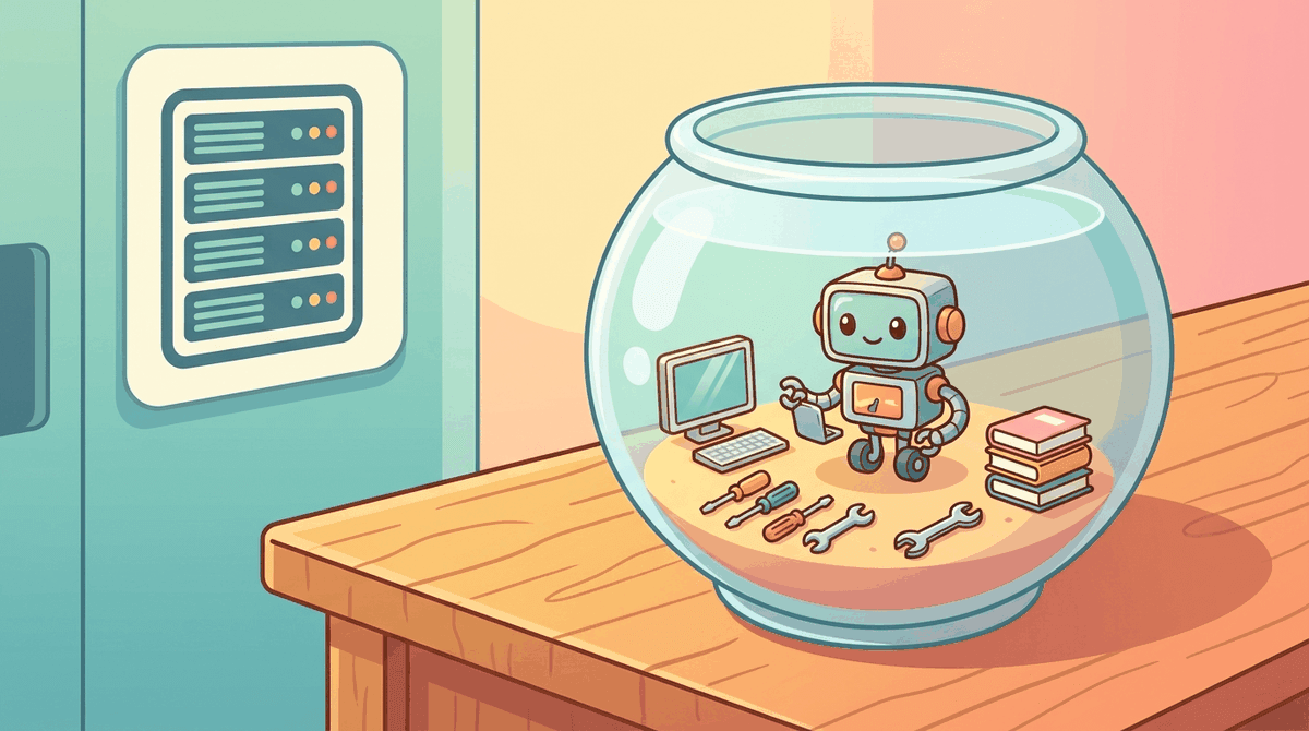 A robot working inside a transparent glass fishbowl with a small desk and mini computer.