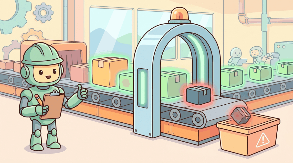 A robot inspecting packages on a conveyor belt with an X-ray scanner before they enter a secure room, some packages glowing green for safe and one suspicious package glowing red with a hidden gremlin inside, placed in a quarantine bin