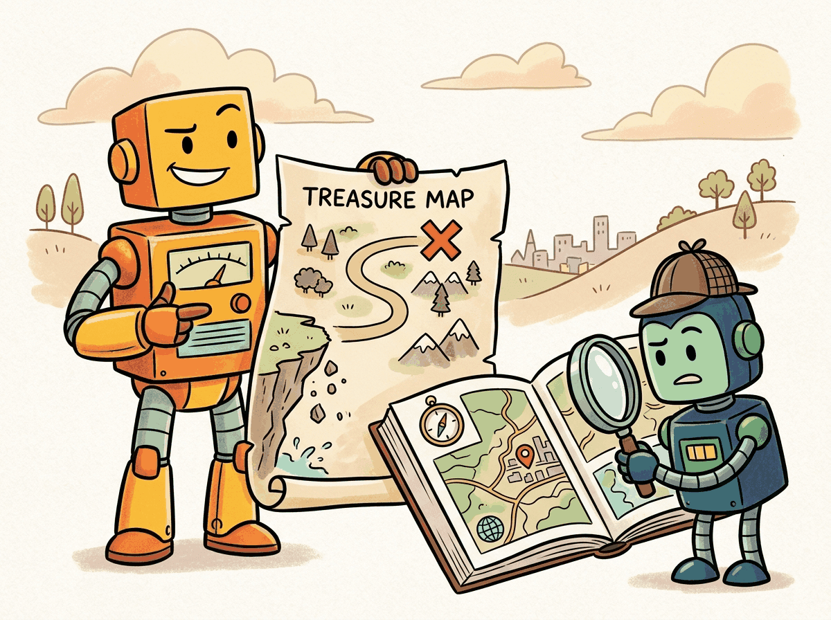 A cartoon robot confidently presenting a treasure map that leads to an obviously wrong location off a cliff.
