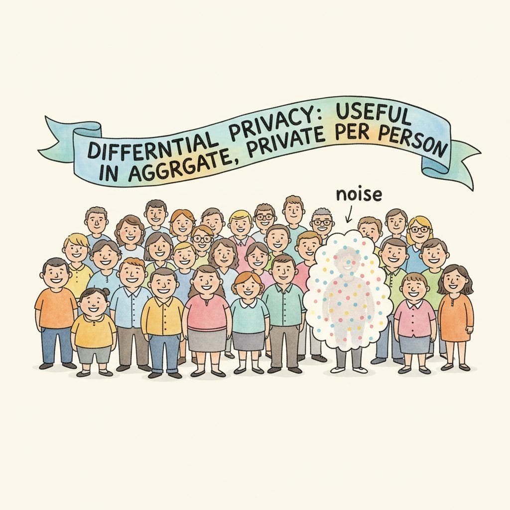 A crowd photo where one individual is hidden in a soft fog of statistical noise dots; the overall scene stays readable.