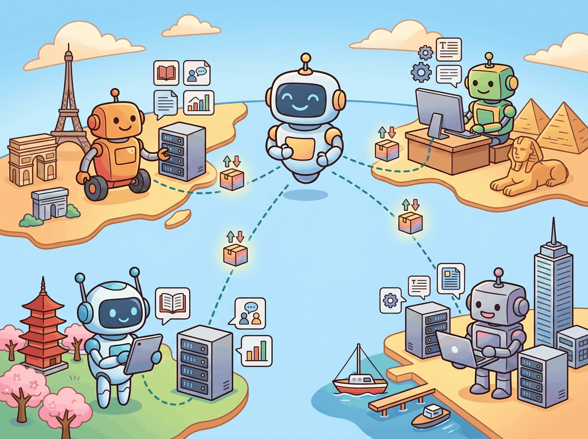 Multiple cartoon robots in different countries represented by small landmarks like the Eiffel Tower, pagoda, and pyramid, all connected by a network.