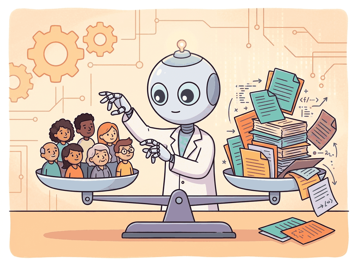 A scientist robot carefully balancing a scale of justice.