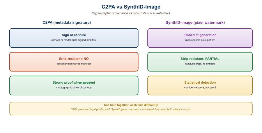 Two-panel comparison. Left panel: 'C2PA manifest' shown as a metadata block attached externally to an image file with a chain of signatures. An arrow labeled 'screenshot / metadata strip' shows the manifest being removed, leaving an unverifiable image. Right panel: 'SynthID-Image' shown as an invisible perturbation embedded directly into the pixel grid. An arrow labeled 'screenshot / metadata strip' shows the perturbation persisting; the watermark survives. A bottom row labeled 'combined' shows both layers stacked, with annotations 'metadata: strong provenance' and 'pixel watermark: survives metadata loss'.