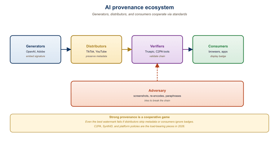 Diagram of the provenance ecosystem. Left side shows content sources: 'AI generator (closed)', 'AI generator (open weights)', 'Camera/microphone', 'Human-authored'. Each emits content with or without a content credential / watermark. Right side shows consumers: 'News outlet', 'Court', 'Social platform', 'End user'. Between them, a middle layer of 'verification infrastructure' contains: 'C2PA manifest validator', 'SynthID detector', 'Watermark scanner', 'Deepfake detection ensemble'. Arrows show that content from closed generators carries strong provenance, content from open-weight models carries weak or no provenance, and consumers have to use the verification infrastructure as a fallback.