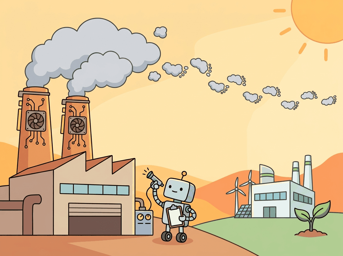 A large factory with smokestacks shaped like GPU chips producing cloud-shaped carbon footprints, while a scientist robot measures the emissions.