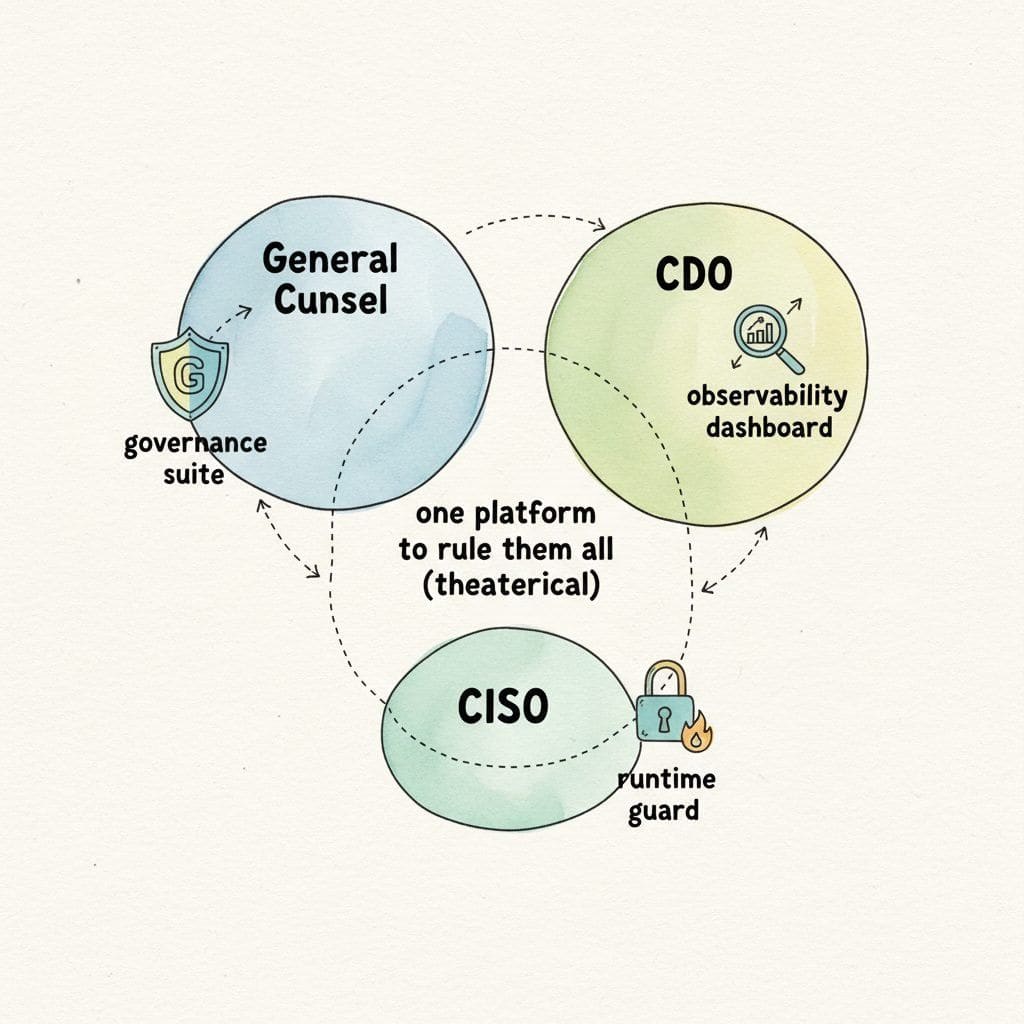 A friendly Venn-diagram cartoon with three overlapping circles labelled General Counsel, CDO, and CISO, each circle pointing to a different platform tile, while the empty three-way intersection in the middle is labelled One Platform To Rule Them All (theoretical).